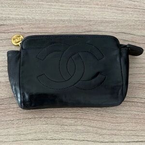 Vintage Chanel Black Leather Card Holder Coin Pouch